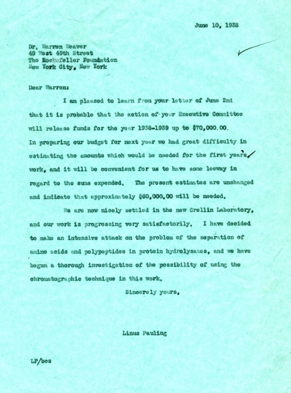 Letter from Linus Pauling to Warren Weaver. Page 1. June 10, 1938