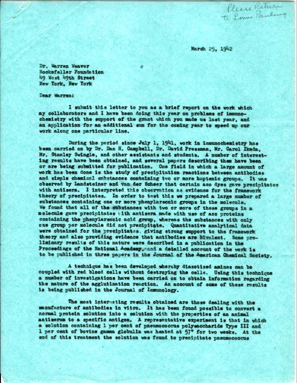 Letter from Linus Pauling to Warren Weaver. Page 1. March 25, 1942