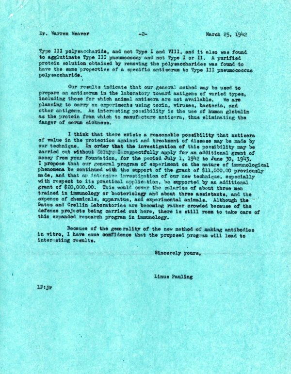 Letter from Linus Pauling to Warren Weaver. Page 2. March 25, 1942