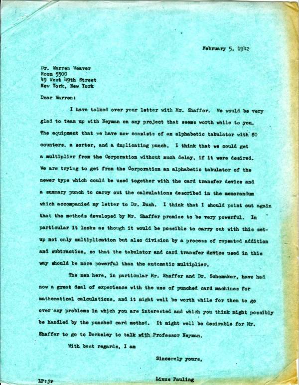Letter from Linus Pauling to Warren Weaver. Page 1. February 5, 1942