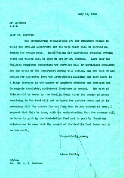 Letter from Linus Pauling to E.C. Barrett. Page 1. July 15, 1938