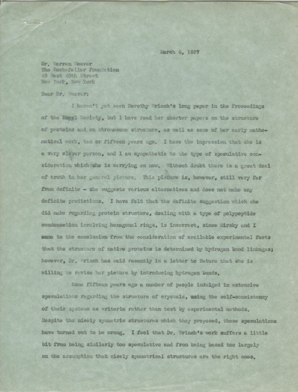 Letter from Linus Pauling to Warren Weaver. Page 1. March 6, 1937