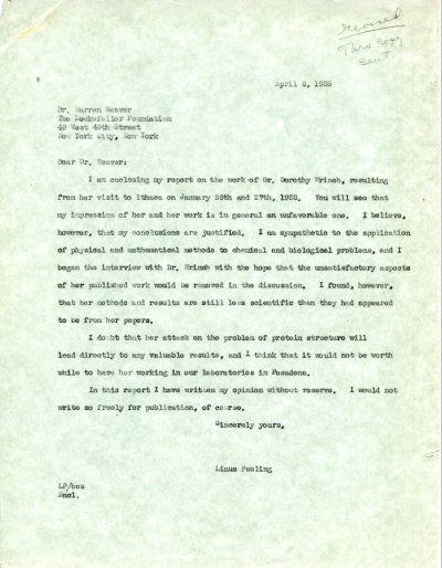 Letter from Linus Pauling to Warren Weaver. Page 1. April 6, 1938
