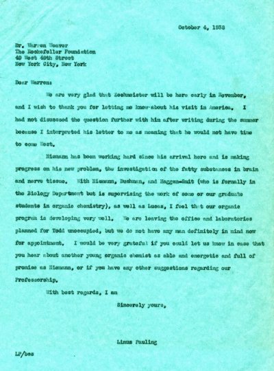 Letter from Linus Pauling to Warren Weaver. Page 1. October 4, 1938