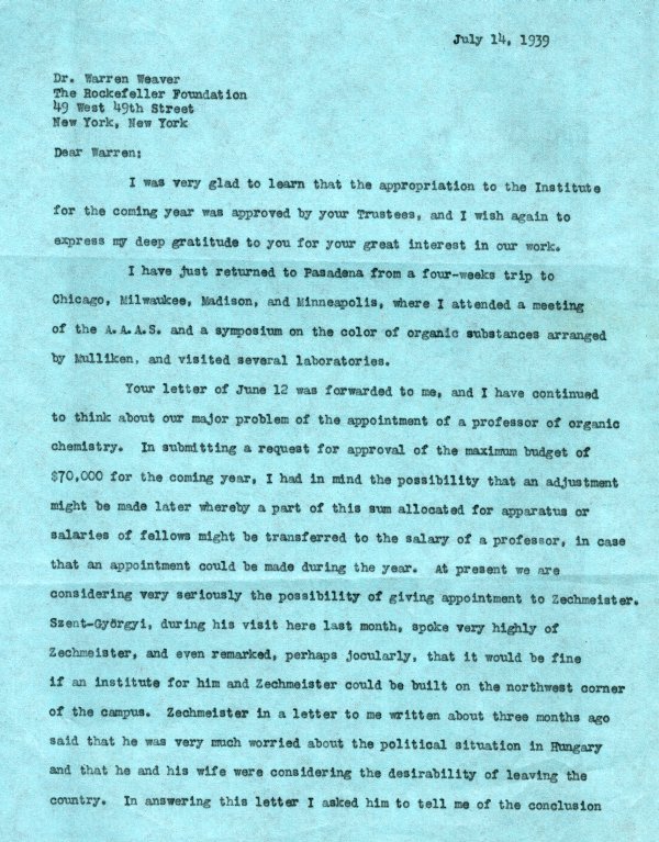 Letter from Linus Pauling to Warren Weaver. Page 1. July 14, 1939