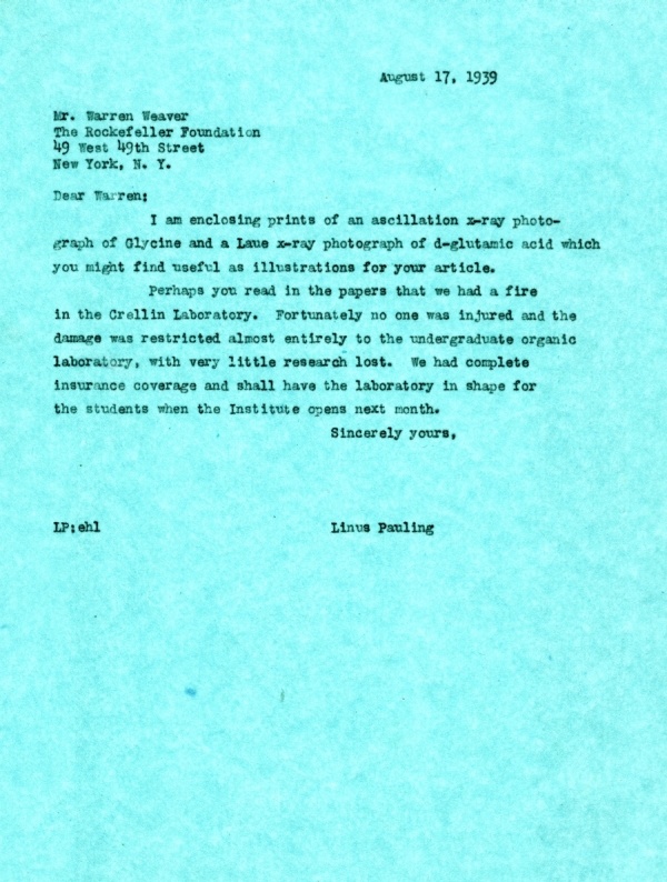 Letter from Linus Pauling to Warren Weaver. Page 1. August 17, 1939