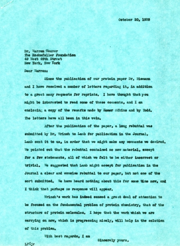Letter from Linus Pauling to Warren Weaver. Page 1. October 20, 1939