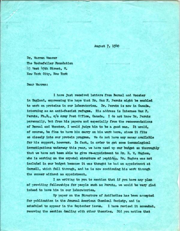 Letter from Linus Pauling to Warren Weaver. Page 1. August 7, 1940