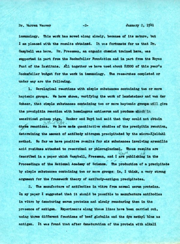 Letter from Linus Pauling to Warren Weaver. Page 2. January 2, 1941