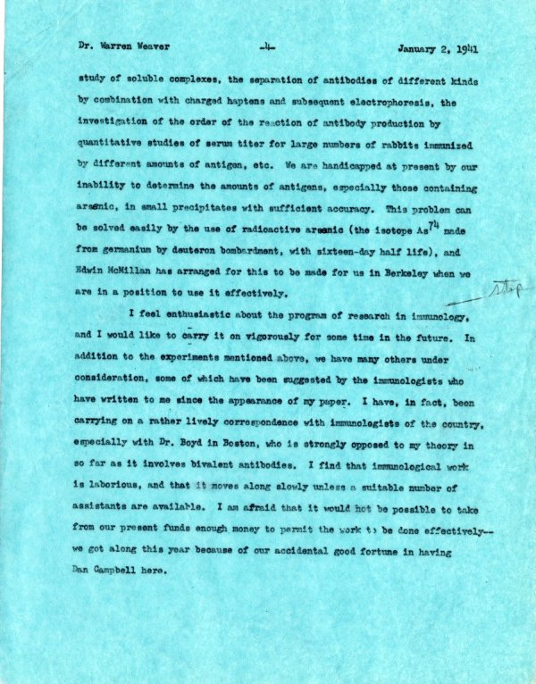 Letter from Linus Pauling to Warren Weaver. Page 4. January 2, 1941