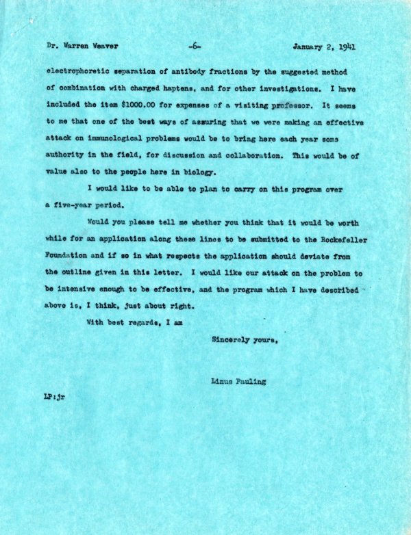 Letter from Linus Pauling to Warren Weaver. Page 6. January 2, 1941