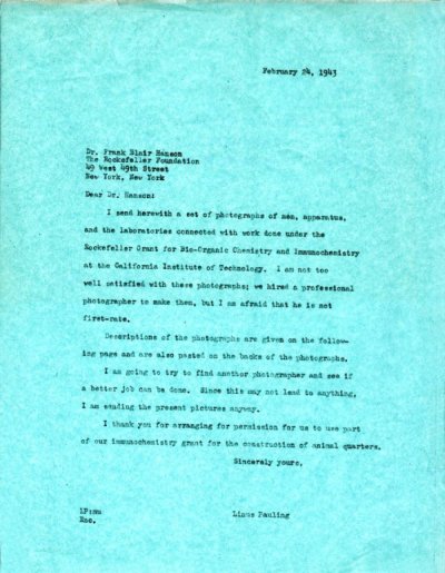 Letter from Linus Pauling to Frank Blair Hanson. Page 1. February 24, 1943