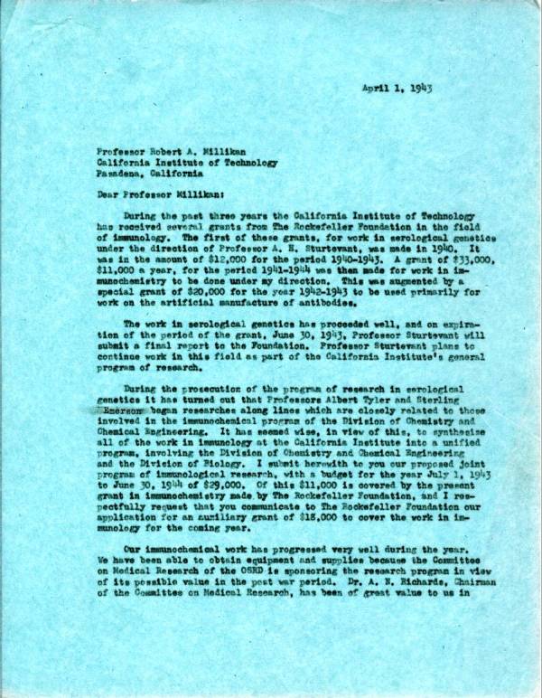 Letter from Linus Pauling to Robert A. Millikan. Page 1. April 1, 1943