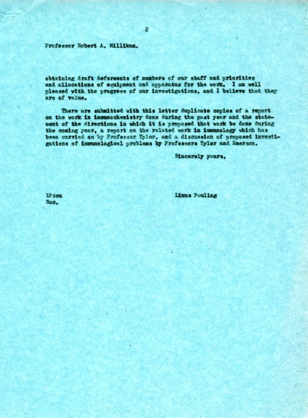 Letter from Linus Pauling to Robert A. Millikan. Page 2. April 1, 1943