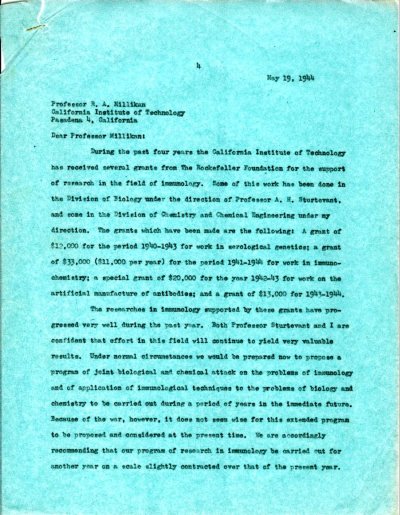 Letter from Linus Pauling to Robert A. Millikan. Page 1. May 19, 1944