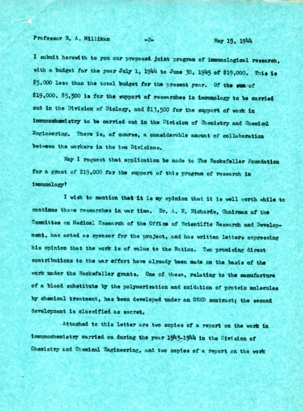 Letter from Linus Pauling to Robert A. Millikan. Page 2. May 19, 1944