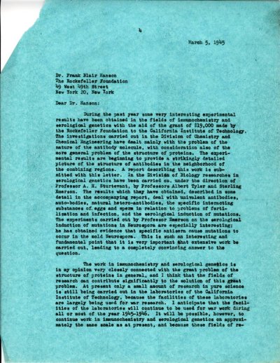 Letter from Linus Pauling to Frank Blair Hanson. Page 1. March 5, 1945