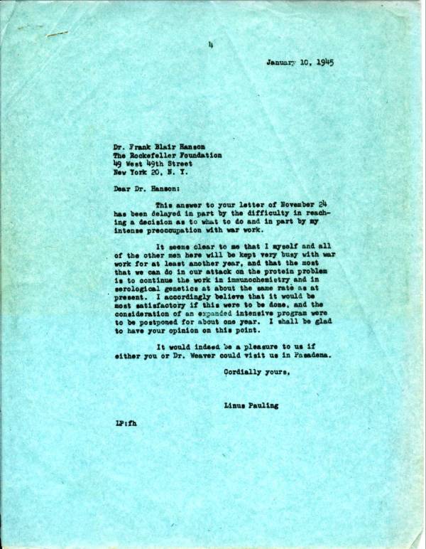 Letter from Linus Pauling to Frank Blair Hanson. Page 1. January 10, 1945