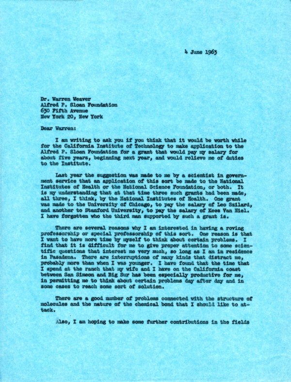 Letter from Linus Pauling to Warren Weaver. Page 1. June 4, 1963