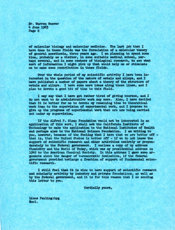 Letter from Linus Pauling to Warren Weaver. Page 2. June 4, 1963