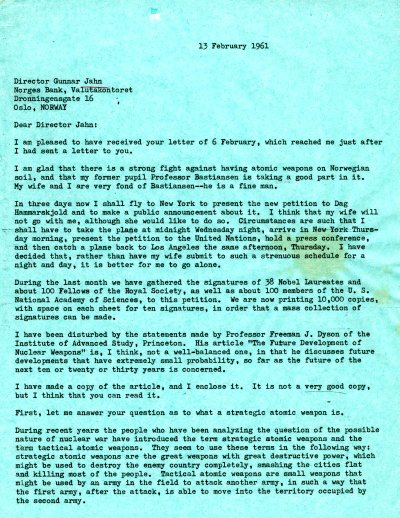 Letter from Linus Pauling to Gunnar Jahn. Page 1. February 13, 1961