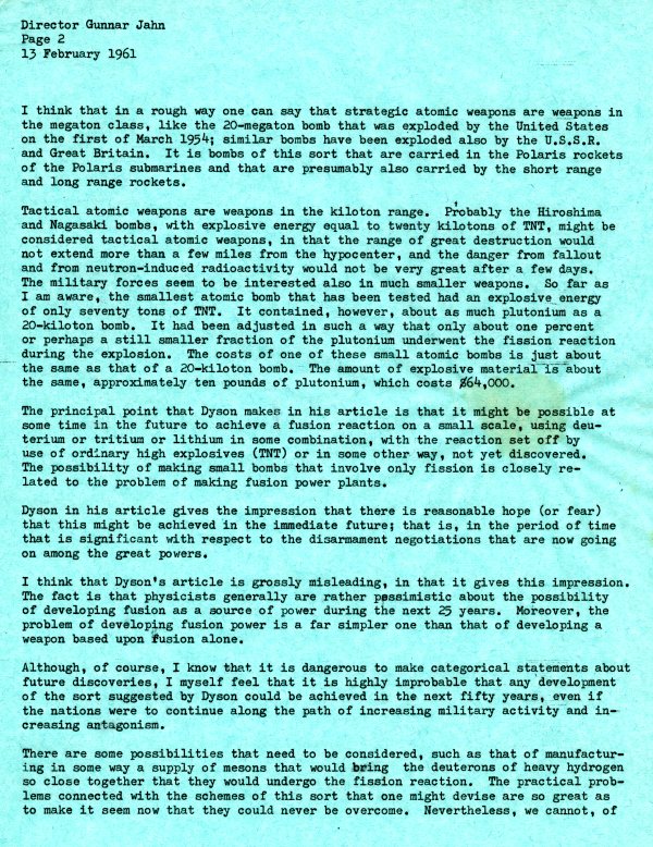 Letter from Linus Pauling to Gunnar Jahn. Page 2. February 13, 1961