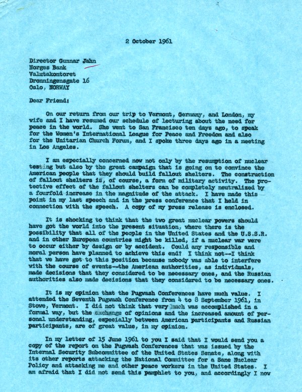 Letter from Linus Pauling to Gunnar Jahn. Page 1. October 2, 1961