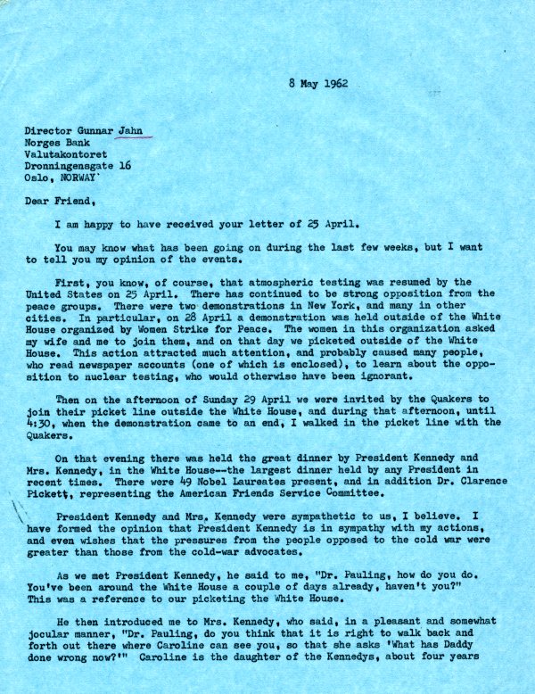 Letter from Linus Pauling to Gunnar Jahn. Page 1. May 8, 1962