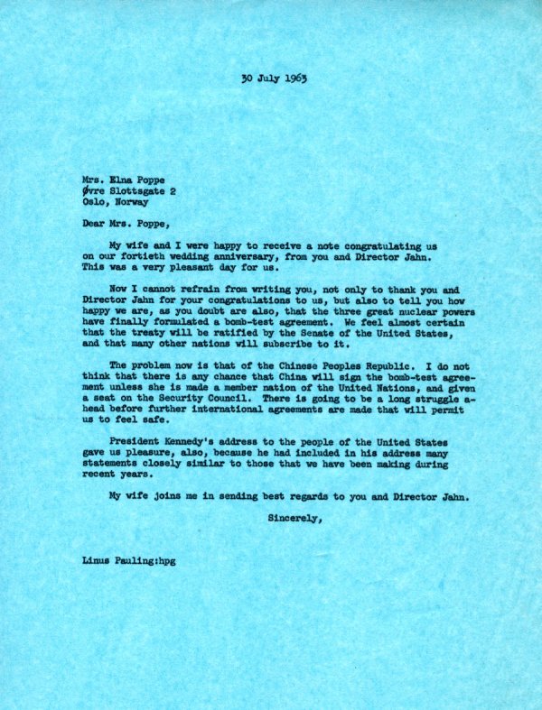 Letter from Linus Pauling to Elna Poppe. Page 1. July 30, 1963