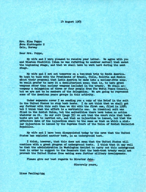 Letter from Linus Pauling to Elna Poppe. Page 1. August 14, 1963