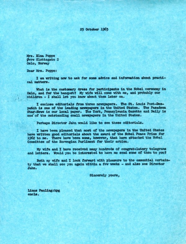 Letter from Linus Pauling to Elna Poppe. Page 1. October 25, 1963