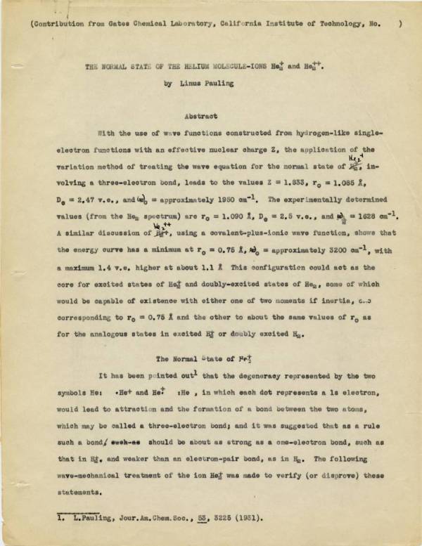 "The Normal State of the Helium Molecule Ions He2+ and He2++." Typescript - Page 1. 1932 - 1934