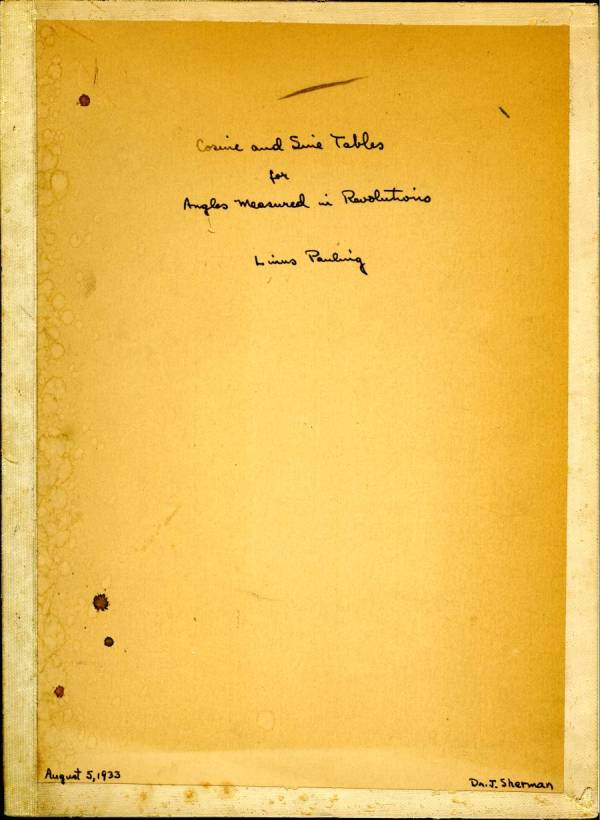 "Cosine and Sine Tables for Angles Measured in Revolutions" Title Page. August 5, 1933