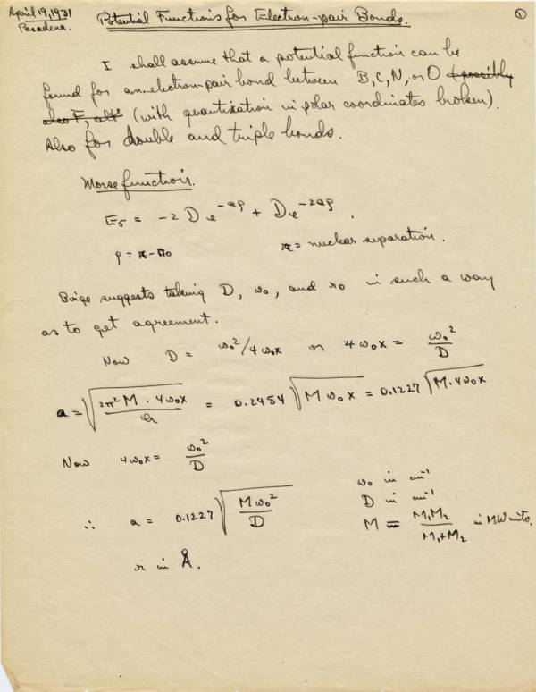 "Potential Functions for Electron-pair Bonds." Page 1. April 19, 1931