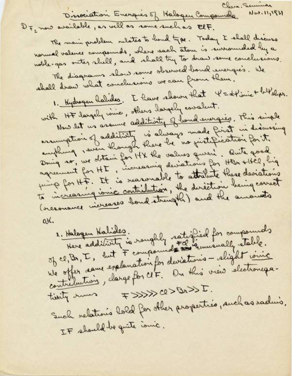 "Dissociation Energies of Halogen Compounds." Page 1. November 11, 1931