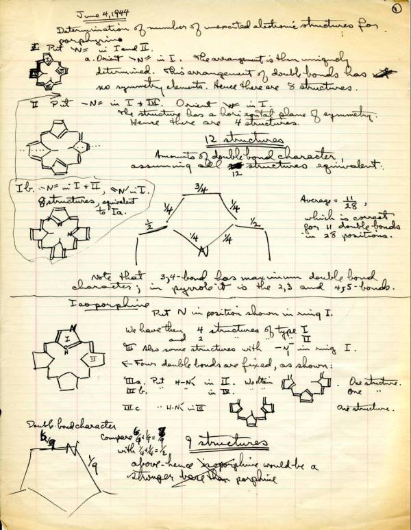 "Determination of Number of Unexcited Electron Structures for Porphyrins." Page 1. June 4, 1944