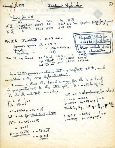 "Diatomic Hydrides." Page 1. January 9, 1949