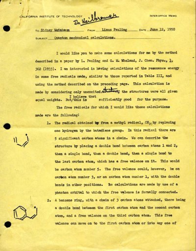 Memorandum from Linus Pauling to Sidney Weinbaum. Page 1. June 12, 1950