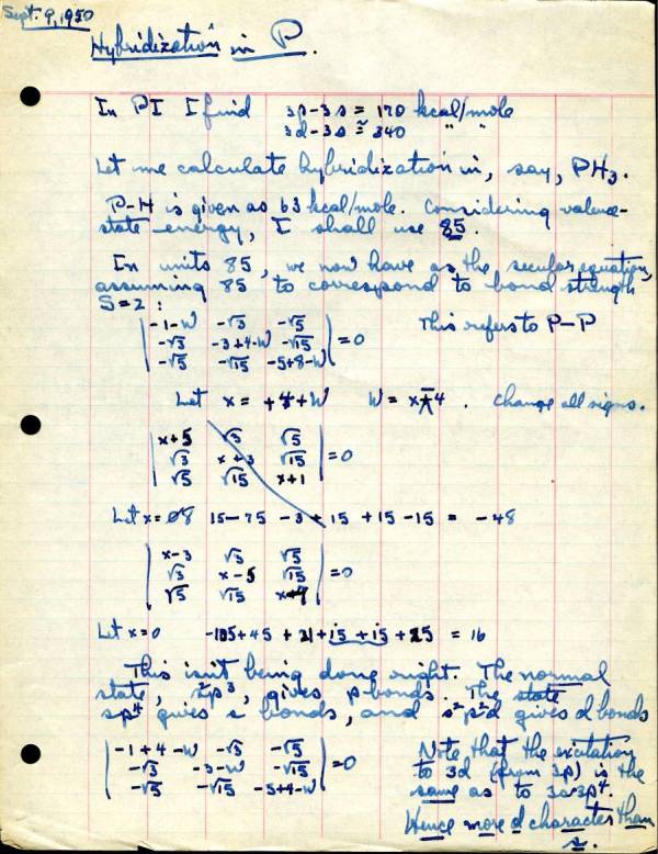 Notes by Linus Pauling concerning hybridization in Phospherus. Page 1. September 9, 1950