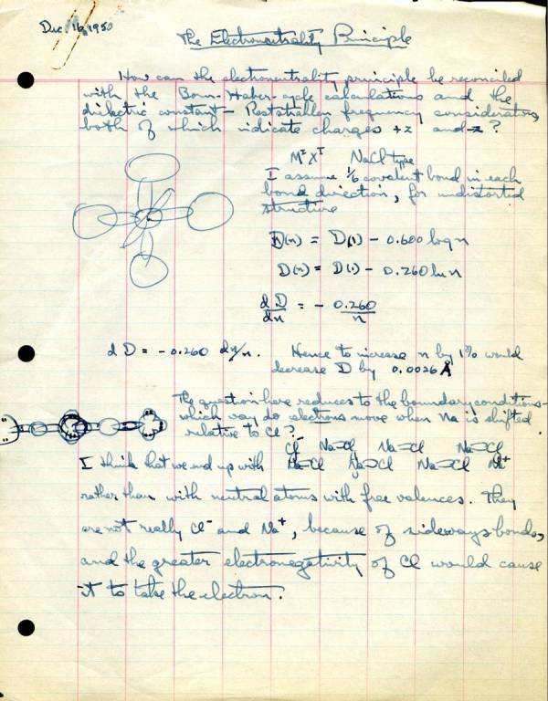 Notes by Linus Pauling concerning the electroneutrality principle. Page 1. December 16, 1950