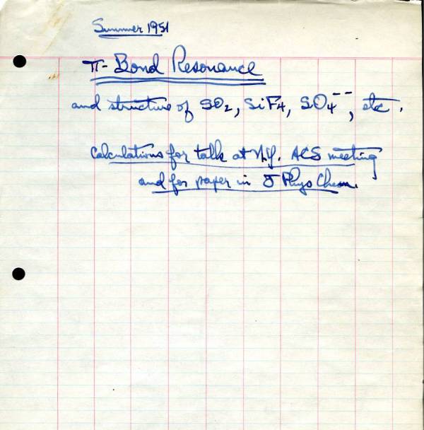 Calculations by Linus Pauling concerning pi-bond resonance. Page 1. approx. June 1951