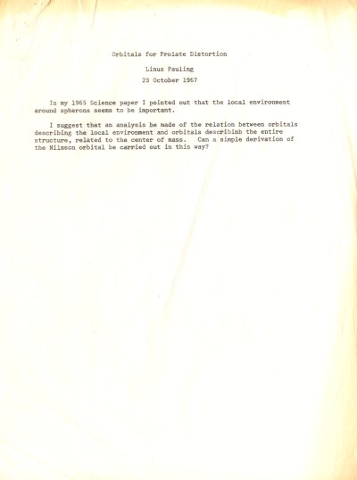 "Orbitals for Prolate Distortion" and "Proposed Research on Bond Orbitals." Page 1. October 23, 1967