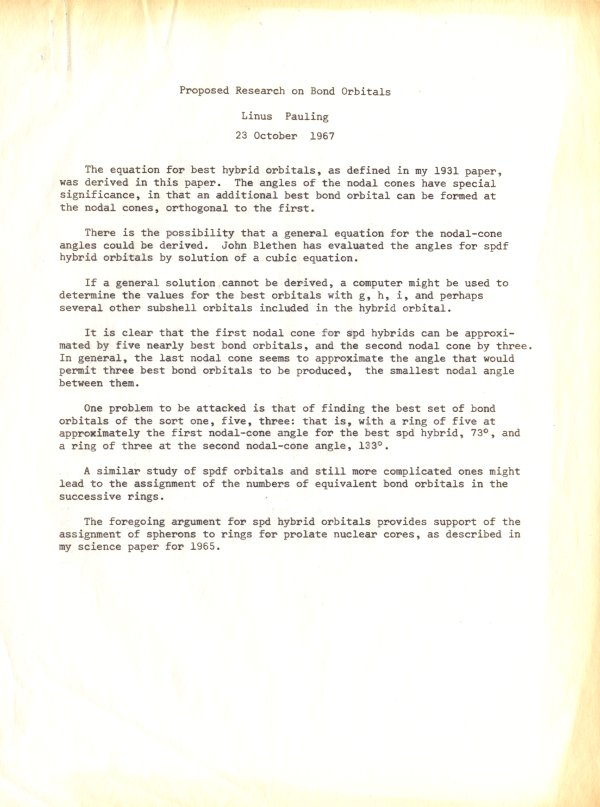 "Orbitals for Prolate Distortion" and "Proposed Research on Bond Orbitals." Page 2. October 23, 1967