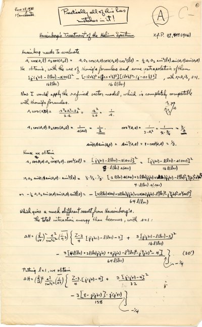 "Heisenberg's Treatment of the Helium Spectrum" Page 1. June 28, 1930