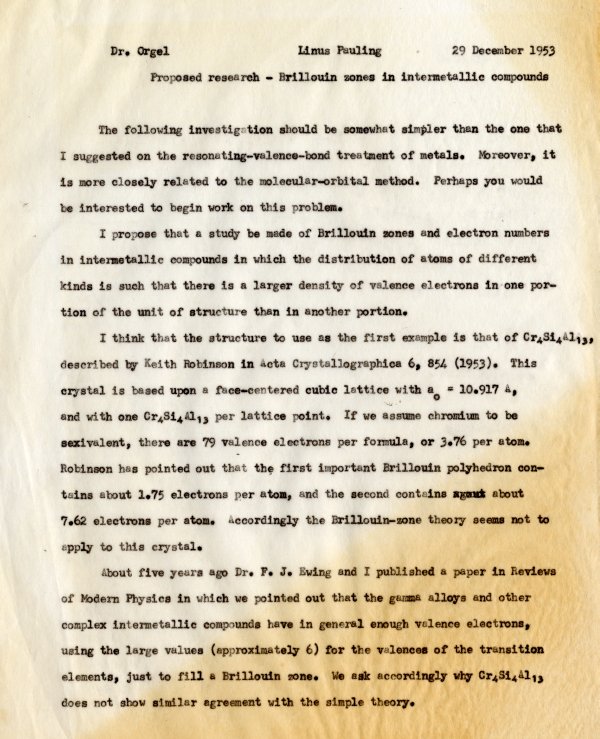 Memorandum from Linus Pauling to Leslie Orgel. Page 1. December 29, 1953