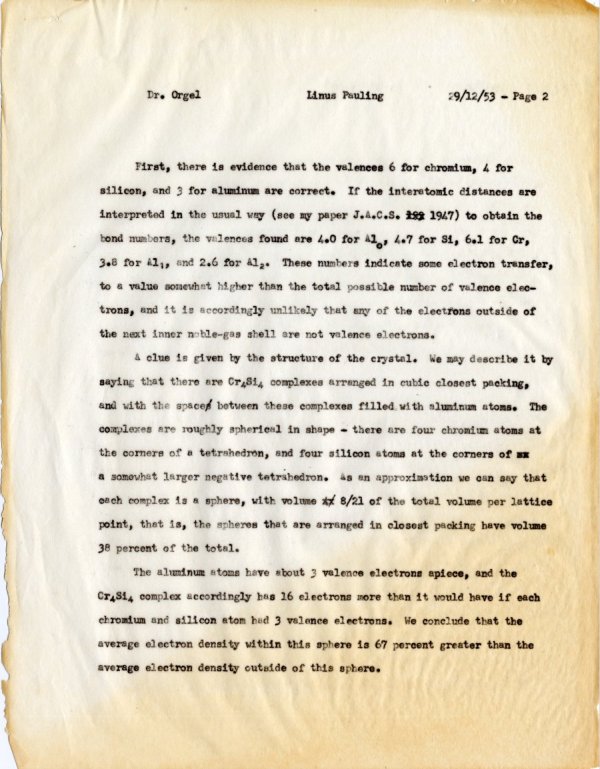 Memorandum from Linus Pauling to Leslie Orgel. Page 2. December 29, 1953