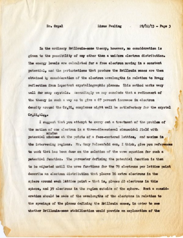Memorandum from Linus Pauling to Leslie Orgel. Page 3. December 29, 1953