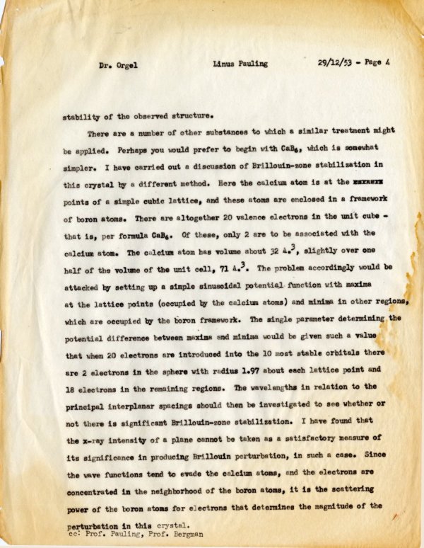 Memorandum from Linus Pauling to Leslie Orgel. Page 4. December 29, 1953