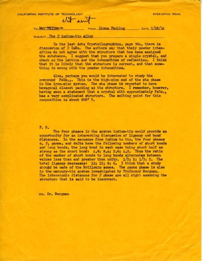 Memorandum from Linus Pauling to L.P. Miller. Page 1. May 28, 1954