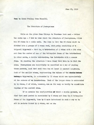 Linus Pauling note to self concerning the structure of beta-manganese. Page 1. June 29, 1950